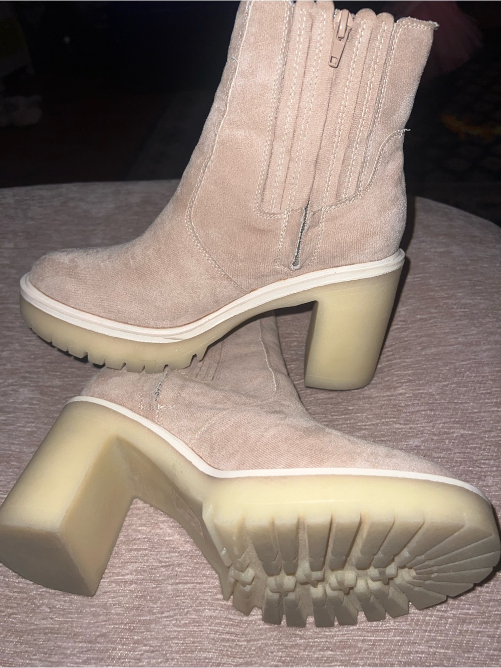 Dolce Vita Pinkish Beige Suede Chunky Heel Ankle Boots